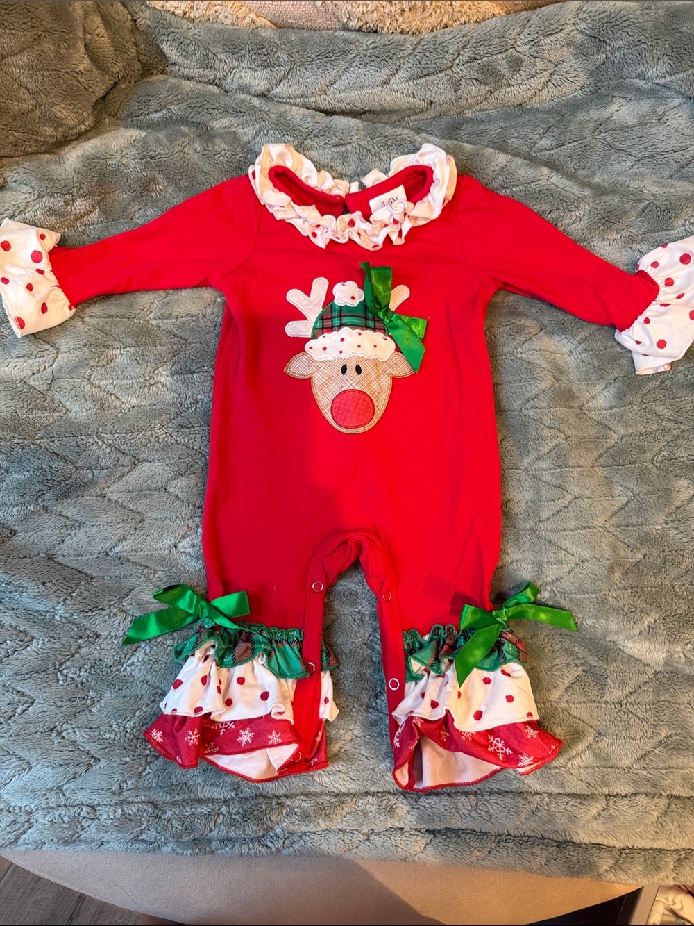 Red Baby Romper with Ruffle Collar and Green Bow